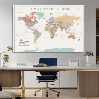 69180591-MGV-CV-36X24-Personalized World Map Wall Art – Rustic Vintage Adventure Travel Map with Custom Family Names, Unique Wall Decor for Couples,