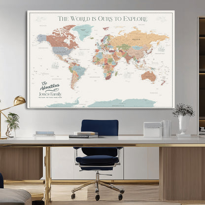 69180591-MGV-CV-36X24-Personalized World Map Wall Art – Rustic Vintage Adventure Travel Map with Custom Family Names, Unique Wall Decor for Couples,