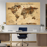 50680593-MGV-CV-36X24-Personalized World Map Wall Art – Rustic Brown Adventure Travel Map with Custom Names, Elegant Push Pin Canvas for Couples Home,