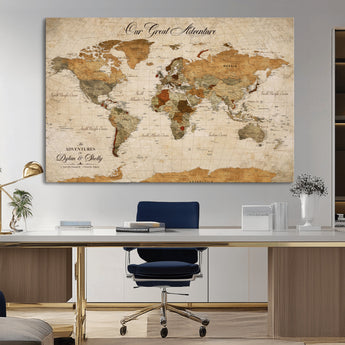 91961147-MGV-CV-36X24-Personalized World Map Wall Art – Vintage Sepia Adventure Travel Map with Custom Couple Names, Rustic Wall Decor for Home, Couples