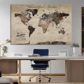 78610079-MGV-CV-36X24-Personalized World Map Wall Art – Vintage Rustic Travel Map with Custom Family Name, Adventure Wall Decor for Home, Family Gift or