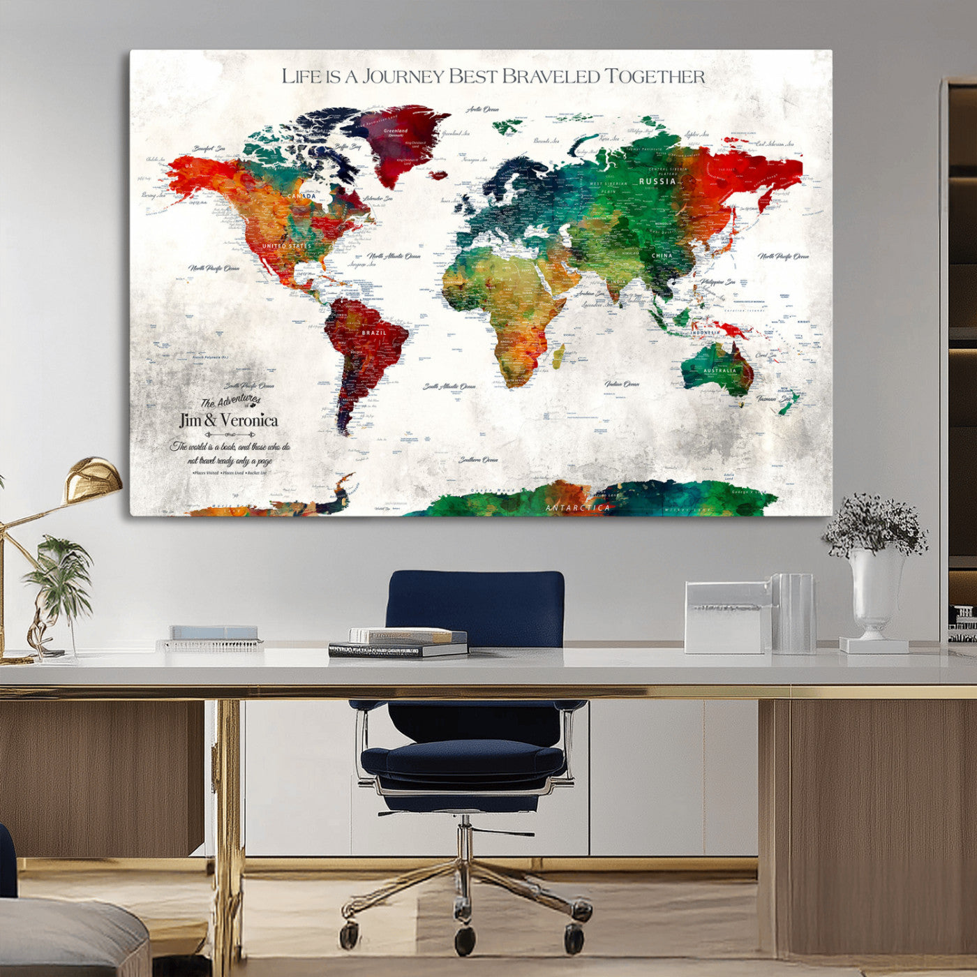 95876117-MGV-CV-36X24-Personalized World Map Wall Art – Colorful Watercolor Travel Map with Custom Names, Romantic Wall Decor for Couples, Wedding or
