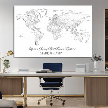 43438578-MGV-CV-36X24-Personalized World Map Wall Art – Black and White Minimal Travel Map with Custom Names, Elegant Wall Decor for Couples, Wedding or