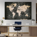 70534097-MGV-CV-36X24-Personalized World Map Wall Art – Dark Vintage Adventure Style Travel Map with Custom Names, Unique Wall Decor for Couples, Home