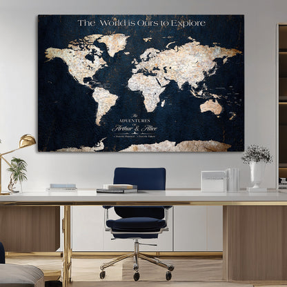 13231361-MGV-CV-36X24-Personalized World Map Wall Art – Navy Blue Vintage Adventure Travel Map with Custom Names, Elegant Push Pin Canvas for Couples