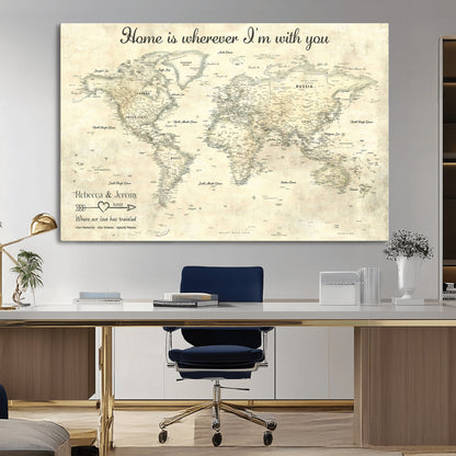 35009043-MGV-CV-36X24-Personalized World Map Wall Art – Vintage Beige Travel Map with Custom Names and Date, Romantic Anniversary Gift for Couples Home