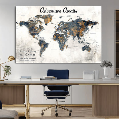 11751559-MGV-CV-36X24-Personalized World Map Wall Art – Elegant Adventure Travel Tracker Map for Couples & Families, Push Pin Canvas Poster Decor for Home, Office
