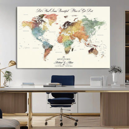 10311652-MGV-CV-36X24-Personalized World Map Wall Art - Watercolor Travel Map with Custom Names Minimalist Design for Couples&Families - Decor for Home,
