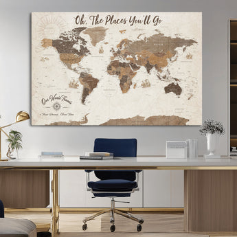14140137-MGV-CV-36X24-Personalized World Map Wall Art – Vintage Nautical Adventure Map with Ships and Compass, Rustic Sepia Tones for Travel Lovers and