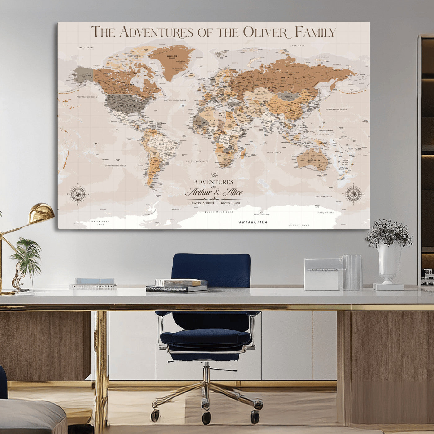 34289723-MGV-CV-36X24-Personalized World Map Wall Art – Elegant Beige and Brown Adventure Map Canvas Print for Family Home, Living Room, Study or Office