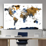 MGV-CV-36X24 - World Map Wall Art Canvas Print, Framed Blue Gold Map Art Picture Print, Rustic Atlas Perfect Rustic Modern Decor Artwork
