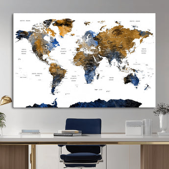 MGV-CV-36X24 - World Map Wall Art Canvas Print, Framed Blue Gold Map Art Picture Print, Rustic Atlas Perfect Rustic Modern Decor Artwork