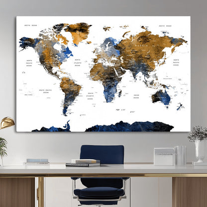 MGV-CV-36X24 - World Map Wall Art Canvas Print, Framed Blue Gold Map Art Picture Print, Rustic Atlas Perfect Rustic Modern Decor Artwork