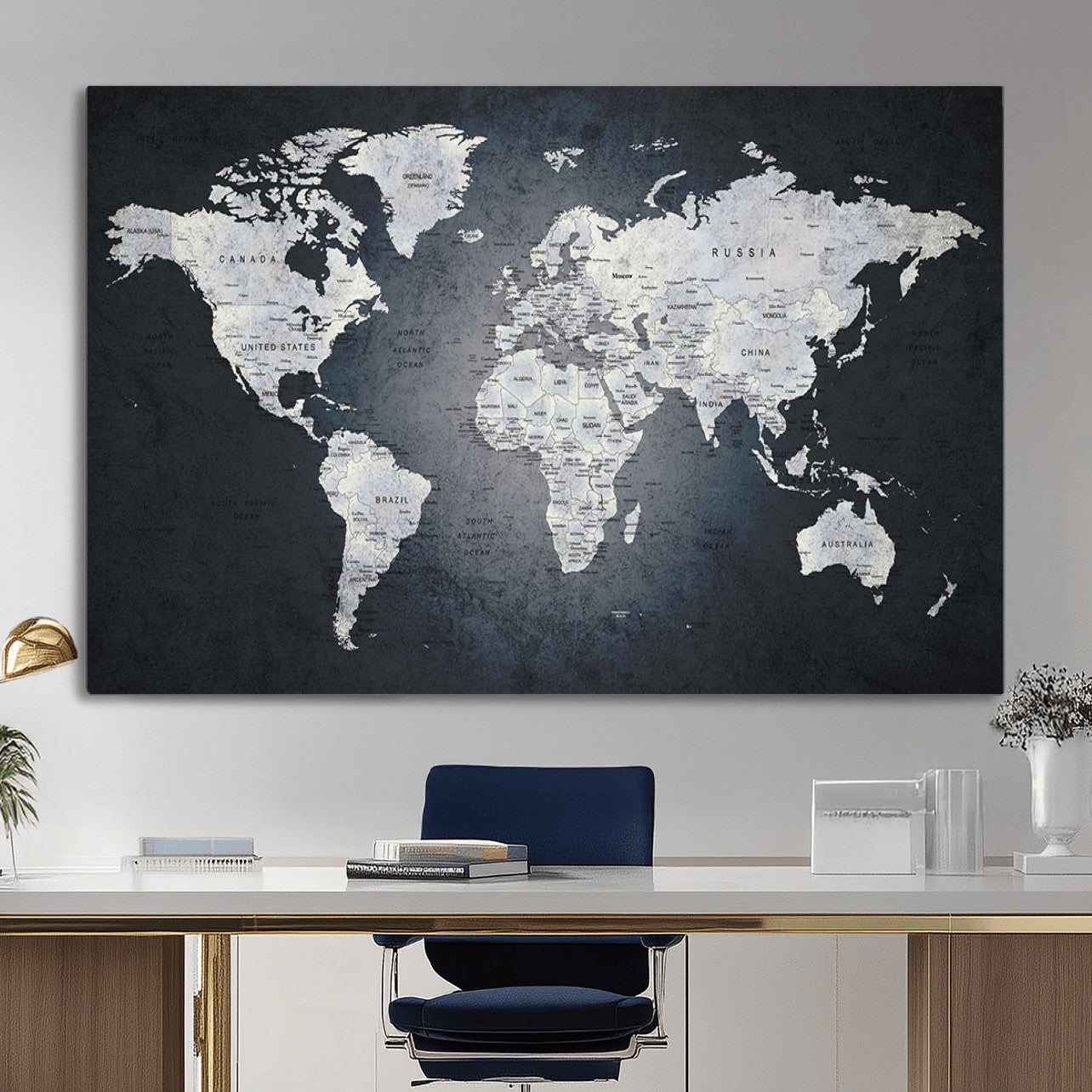 MGV-CV-36X24 - Monochrome World Map Wall Art Canvas Print, Framed Minimalist Map Art Picture Print, Modern Atlas Perfect Modern Minimalist Decor Artwork