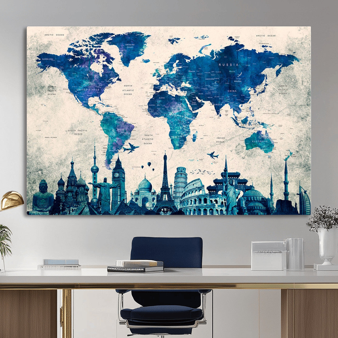 MGV-CV-36X24 - Blue World Map Wall Art Canvas Print, Framed Iconic Landmarks Art Picture Print, Blue Globe Map Perfect Elegant Explorer Decor Artwork