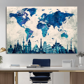 MGV-CV-36X24 - Blue World Map Wall Art Canvas Print, Framed Iconic Landmarks Art Picture Print, Blue Globe Map Perfect Elegant Explorer Decor Artwork