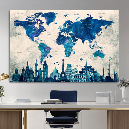 MGV-CV-36X24 - Blue World Map Wall Art Canvas Print, Framed Iconic Landmarks Art Picture Print, Blue Globe Map Perfect Elegant Explorer Decor Artwork
