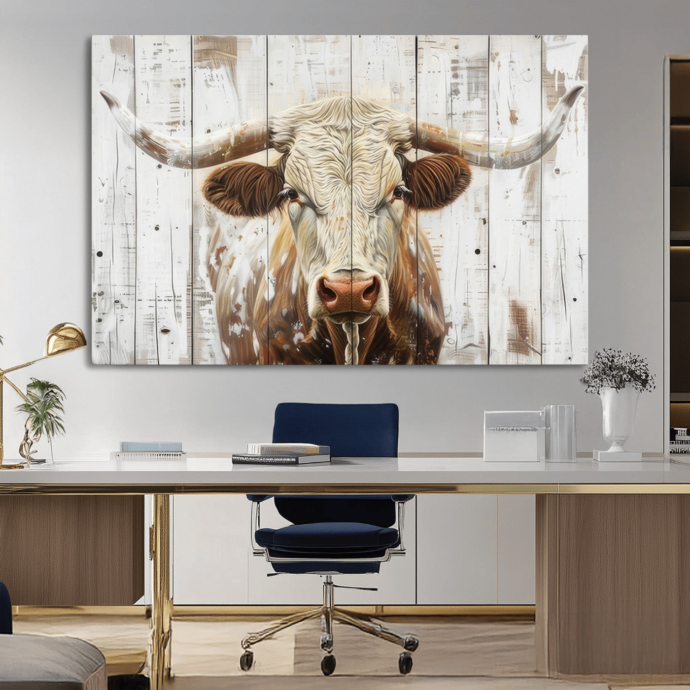 10840-MGV-CV-36X24-Texas Longhorn Wall Art Canvas Print, Framed Rustic Bull Art Picture Print, Western Cattle Perfect Rustic Western Decor Artwork