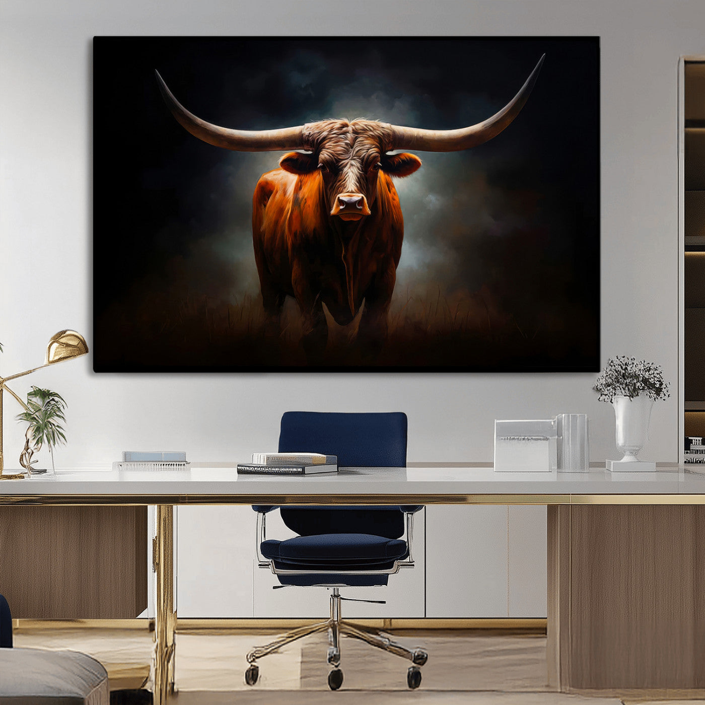 12484-MGV-CV-36X24-Texas Longhorn Wall Art Canvas Print, Framed Western Bull Art Picture Print, Moody Cattle Perfect Moody Western Decor Artwork