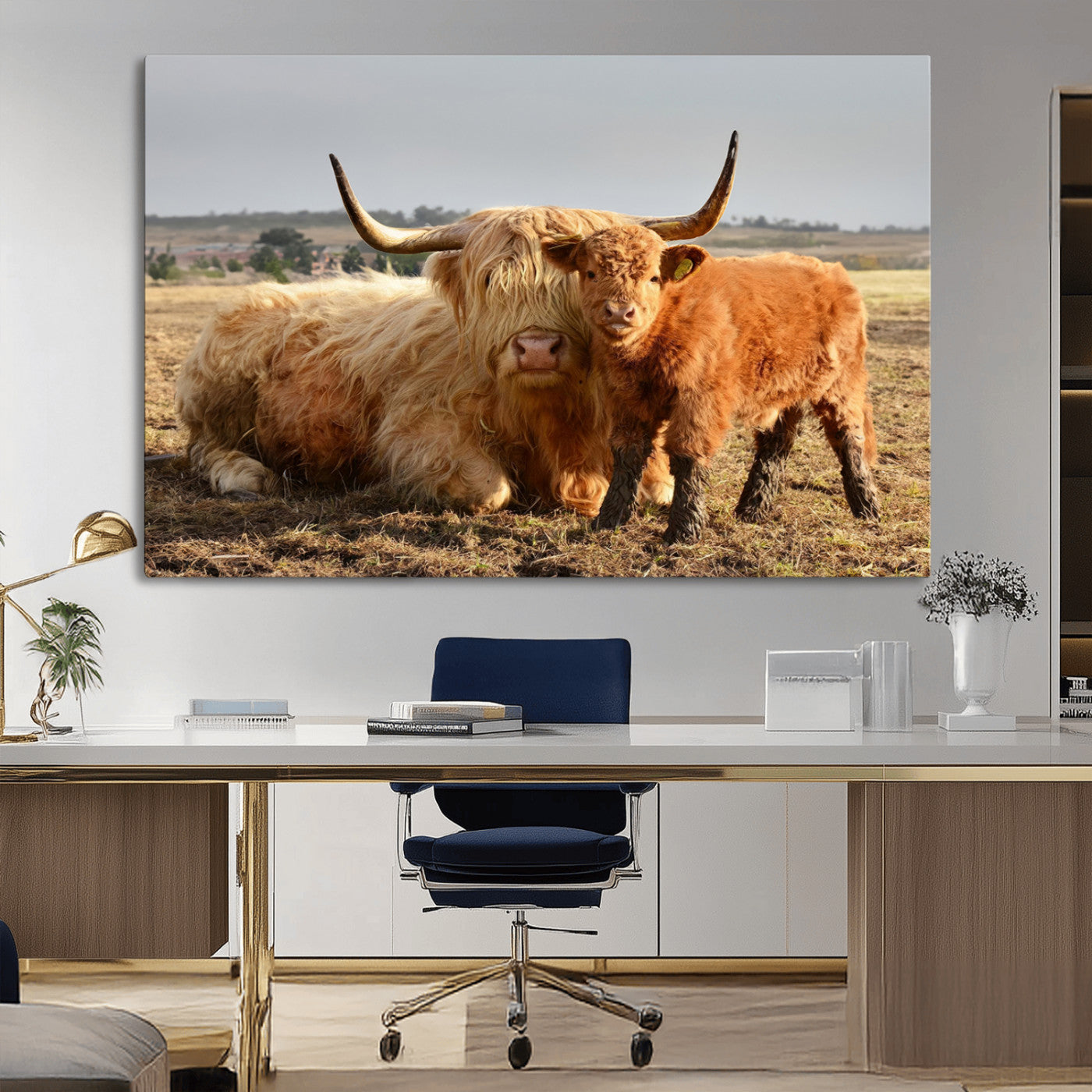 88780-MGV-CV-36X24-Highland Cow Wall Art Canvas Print, Framed Cow Calf Art Picture Print, Scottish Cattle Perfect Rustic Farmhouse Decor Artwork