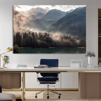 64758-MGV-CV-36X24-Misty Mountains Wall Art Canvas Print, Framed Moody Pines Art Picture Print, Forest Lake Perfect Moody Alpine Decor Artwork