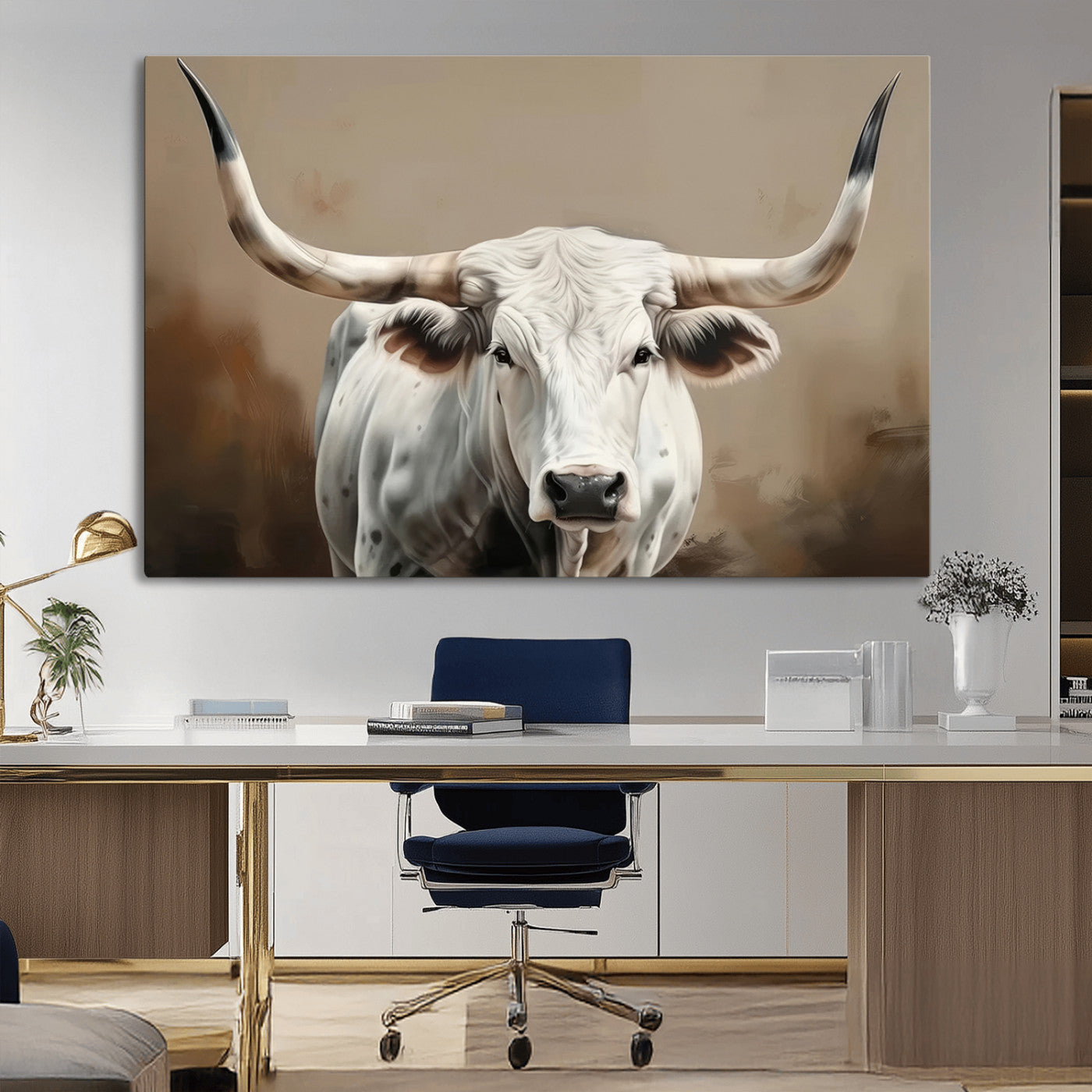63550-MGV-CV-36X24-Texas Longhorn Wall Art Canvas Print, Framed White Bull Art Picture Print, Horned Cattle Perfect Rustic Western Decor Artwork