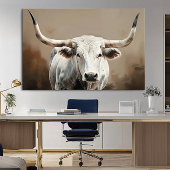 63550-MGV-CV-36X24-Texas Longhorn Wall Art Canvas Print, Framed White Bull Art Picture Print, Horned Cattle Perfect Rustic Western Decor Artwork