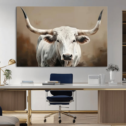 63550-MGV-CV-36X24-Texas Longhorn Wall Art Canvas Print, Framed White Bull Art Picture Print, Horned Cattle Perfect Rustic Western Decor Artwork