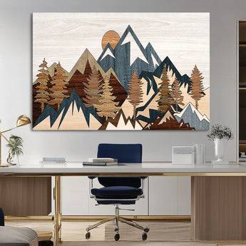 80300-MGV-CV-36X24-Geometric Mountains Wall Art Canvas Print, Framed Stylized Trees Art Picture Print, Graphic Forest Perfect Rustic Abstract Decor