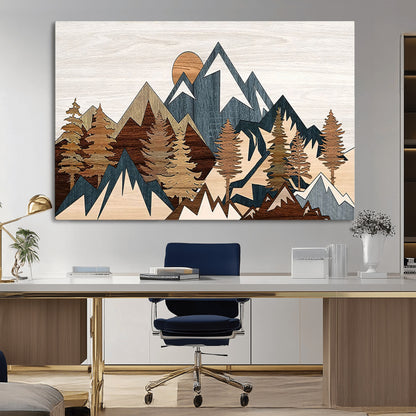 80300-MGV-CV-36X24-Geometric Mountains Wall Art Canvas Print, Framed Stylized Trees Art Picture Print, Graphic Forest Perfect Rustic Abstract Decor