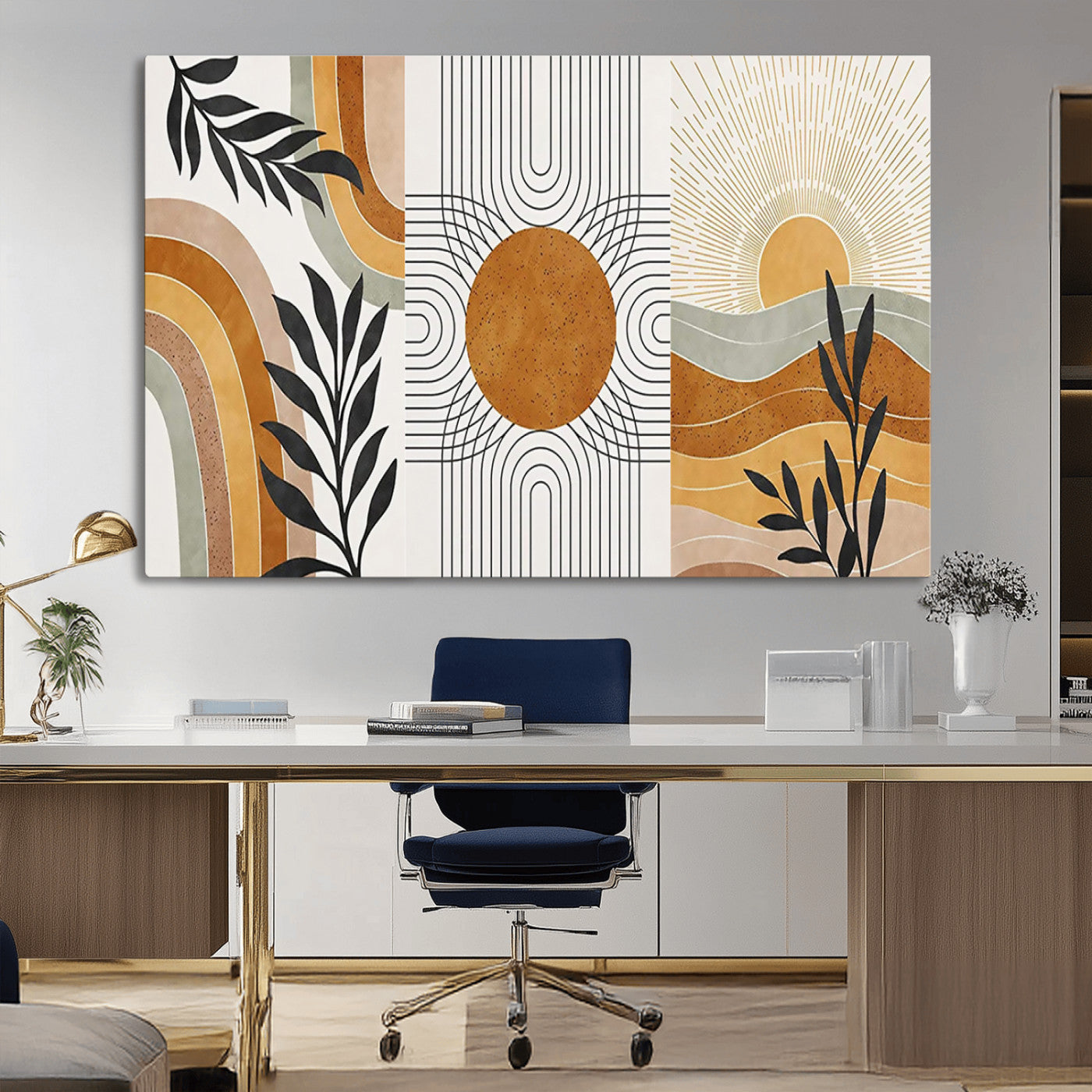 32359-MGV-CV-36X24-Modern Sun Wall Art Canvas Print, Framed Retro Horizon Art Picture Print, Sunburst Design Perfect Mid Century Boho Decor Artwork