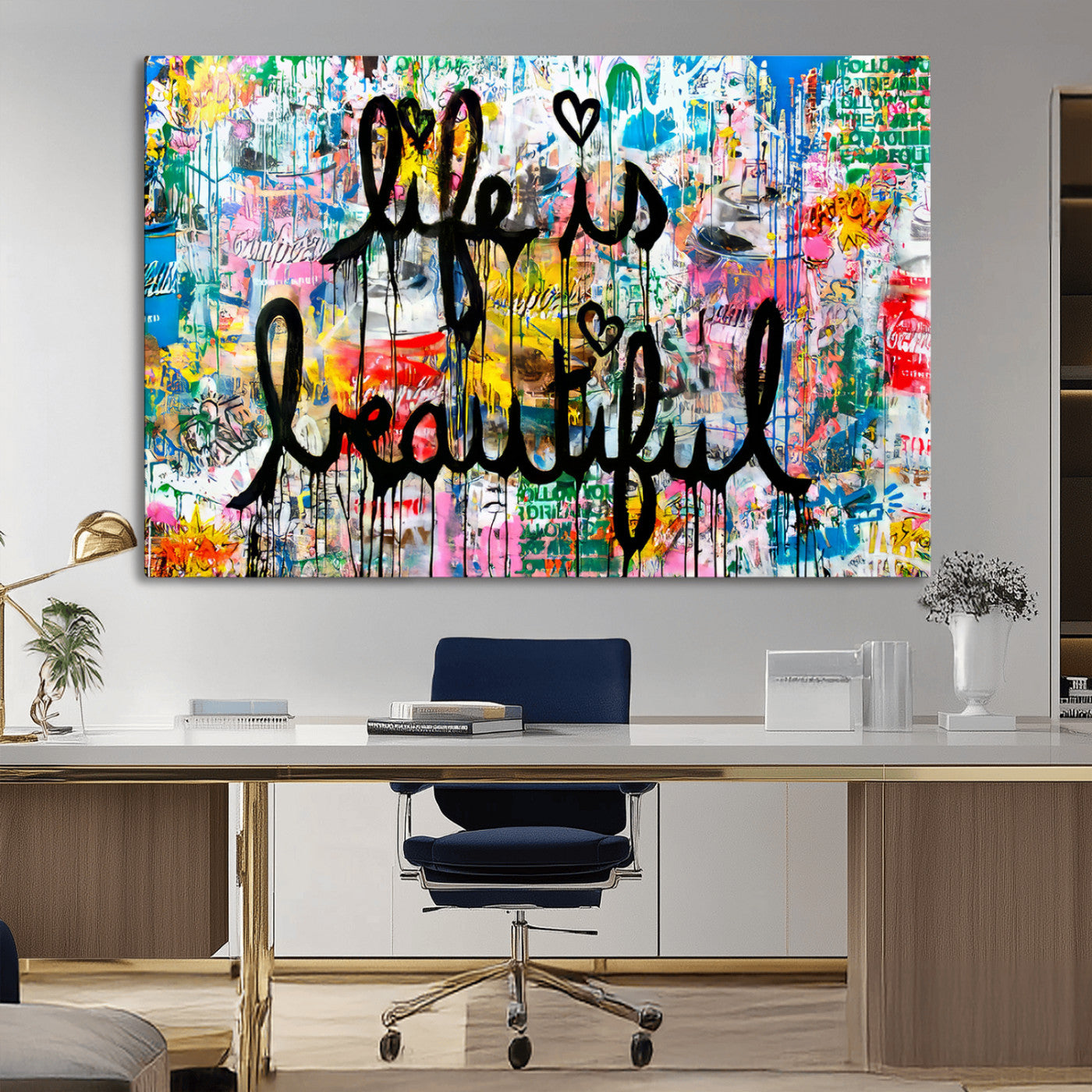 36856-MGV-CV-36X24-Life Is Beautiful Wall Art – Colorful Graffiti Canvas Print, Modern Street Style Artwork, Inspirational Decor for Living Room,