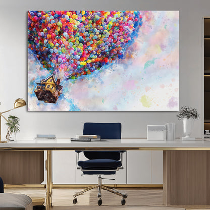 18792-MGV-CV-36X24-Up Movie House Wall Art Canvas Print, Framed Carls Journey Art Picture Print, Up Inspired Perfect Animated Whimsical Decor Artwork