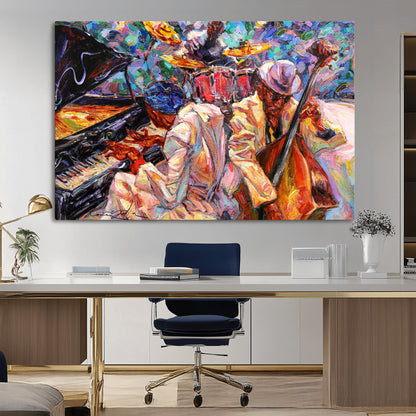 13675-MGV-CV-36X24-Jazz Band Wall Art Canvas Print, Framed Jazz Oil Painting Art Picture Print, Vibrant Music Perfect Abstract Musical Decor Artwork