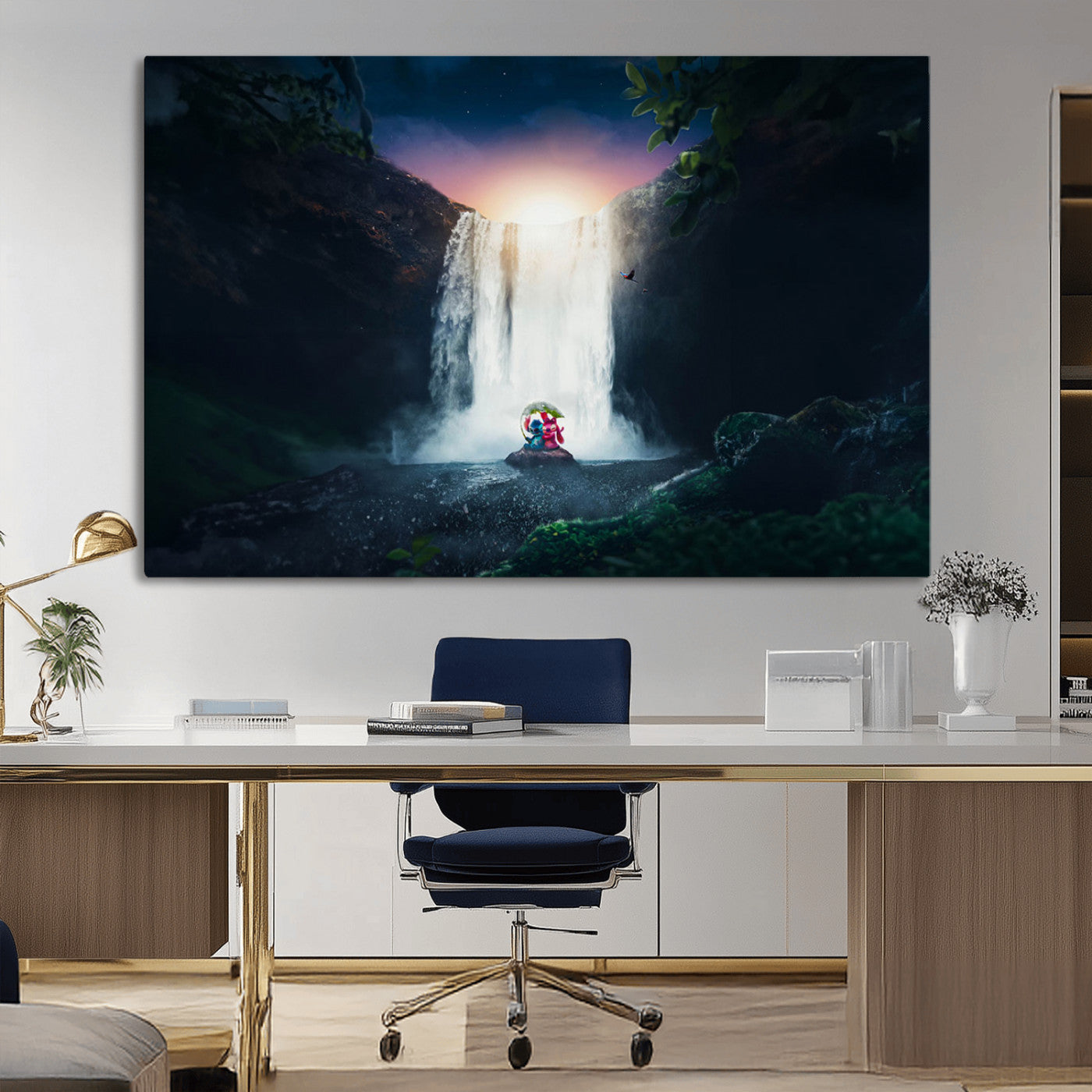 56359-MGV-CV-36X24-Lilo Stitch Wall Art Canvas Print, Framed Stitch Angel Art Picture Print, Cartoon Waterfall Perfect Tropical Fantasy Decor Artwork