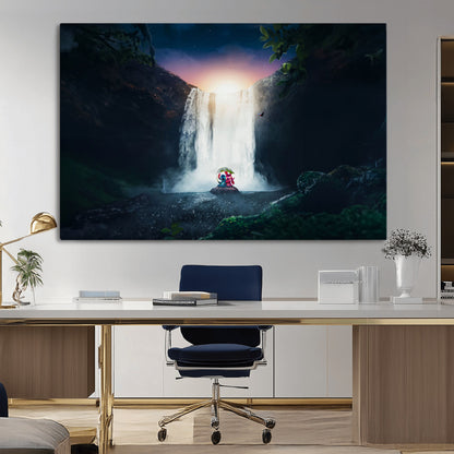 56359-MGV-CV-36X24-Lilo Stitch Wall Art Canvas Print, Framed Stitch Angel Art Picture Print, Cartoon Waterfall Perfect Tropical Fantasy Decor Artwork