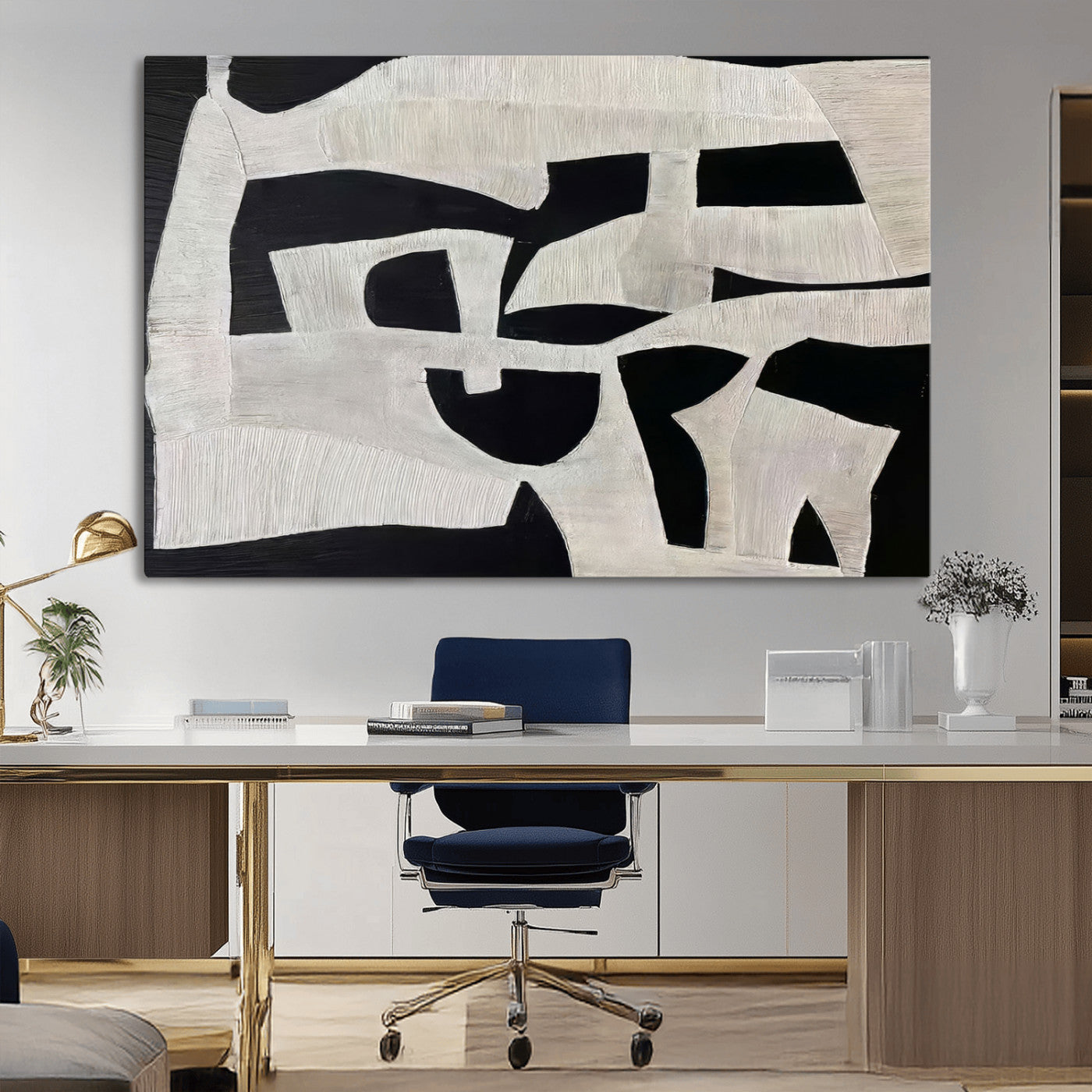 33714-MGV-CV-36X24-Monochrome Design Wall Art Canvas Print, Framed Modern Linework Art Picture Print, Textured Shapes Perfect Monochrome Modern Decor