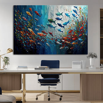 89626-MGV-CV-36X24-Fish Swarm Wall Art Canvas Print, Framed Abstract Ocean Art Picture Print, Underwater Life Perfect Vibrant Coastal Decor Artwork