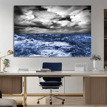 91043-MGV-CV-36X24-Stormy Ocean Wall Art Canvas Print, Framed Moody Seascape Art Picture Print, Monochrome Sea Perfect Coastal Drama Decor Artwork