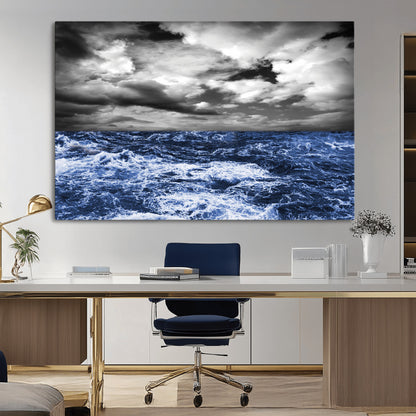 91043-MGV-CV-36X24-Stormy Ocean Wall Art Canvas Print, Framed Moody Seascape Art Picture Print, Monochrome Sea Perfect Coastal Drama Decor Artwork