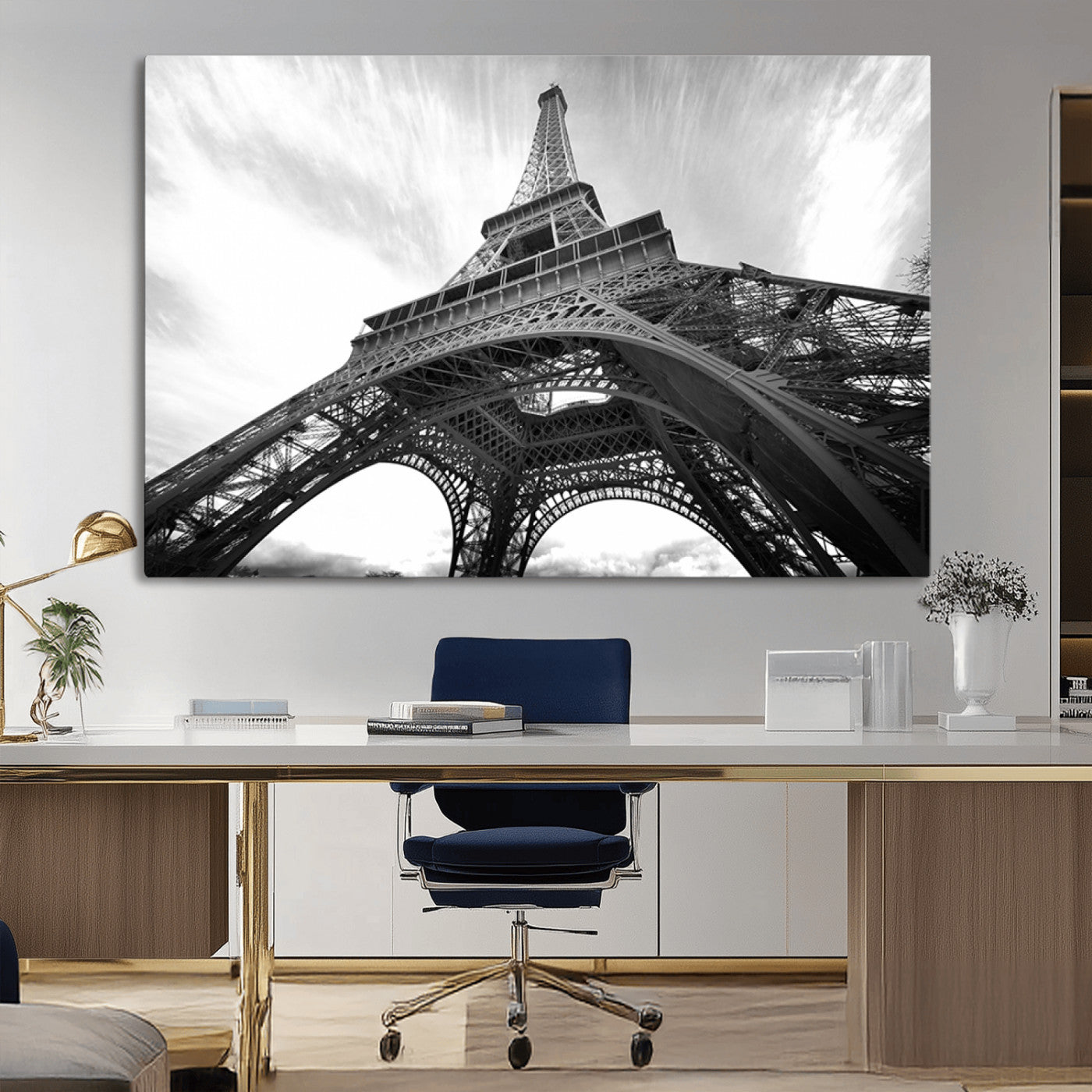 40006-MGV-CV-36X24-Eiffel Tower Wall Art – Black and White Architectural Photo Print, Paris Inspired Decor for Bedroom, Office, Studio or Modern
