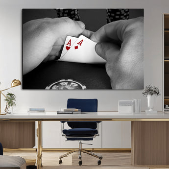 62460-MGV-CV-36X24-Poker Game Wall Art – Close Up of Hands Holding Aces with Chips, Casino Style Decor for Game Room, Man Cave or Office