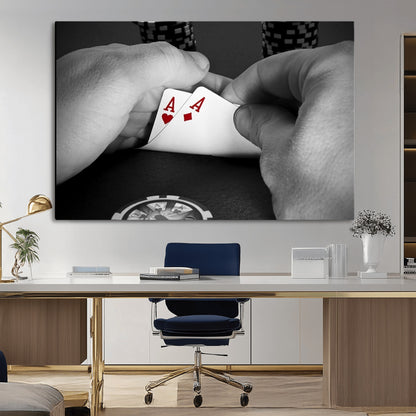 62460-MGV-CV-36X24-Poker Game Wall Art – Close Up of Hands Holding Aces with Chips, Casino Style Decor for Game Room, Man Cave or Office