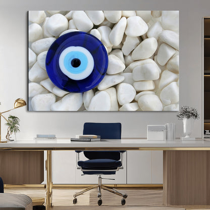 48883-MGV-CV-36X24-Evil Eye Wall Art – Deep Blue Symbol of Presence and Calm on White Stones, Subtle Spiritual Decor for Entryway, Studio, Office or