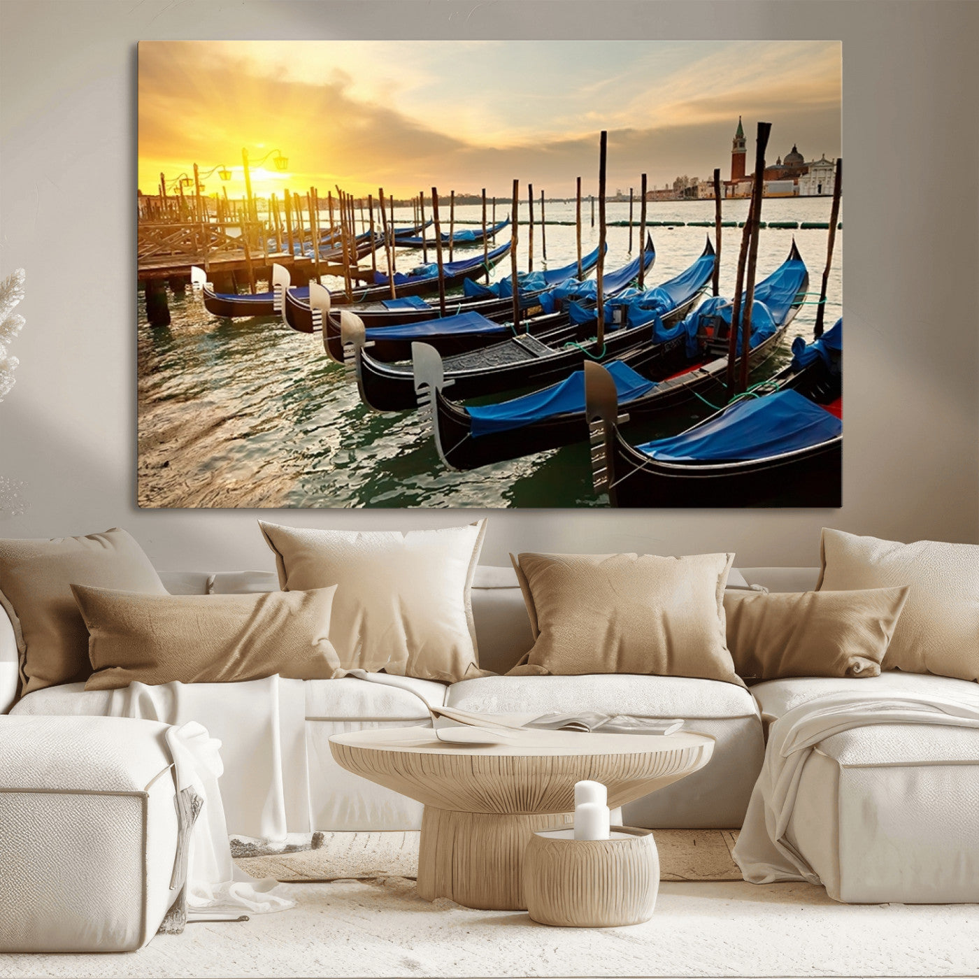 25872-MGV-CV-36X24-Venetian Gondola Dock Wall Art – Serene Sunset Canal Canvas Print, Tranquil Water Travel Decor for Office, Living Room, or Man