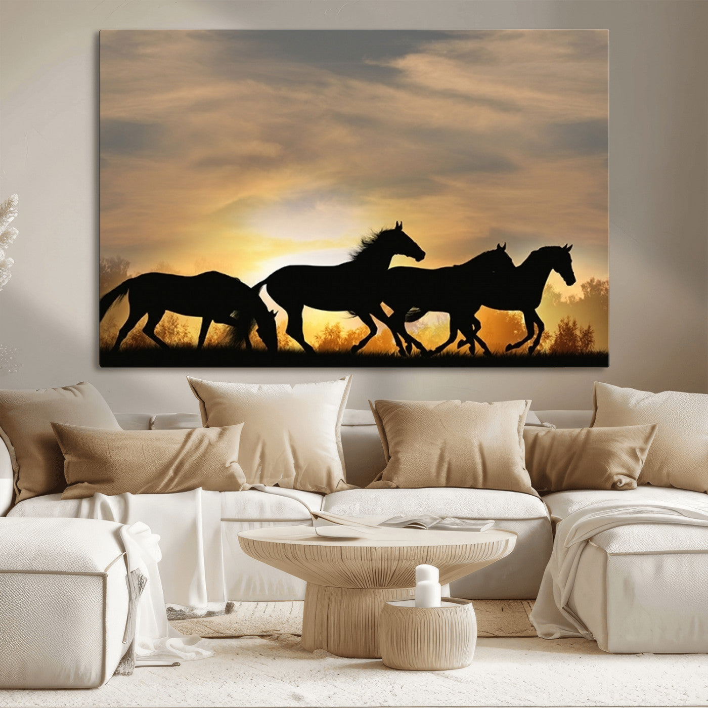 16620-MGV-CV-36X24-Sunset Stallions Wall Art – Silhouetted Horses Running Canvas Print, Nature’s Rhythm, Perfect for Living Room, Office, or Man Cave