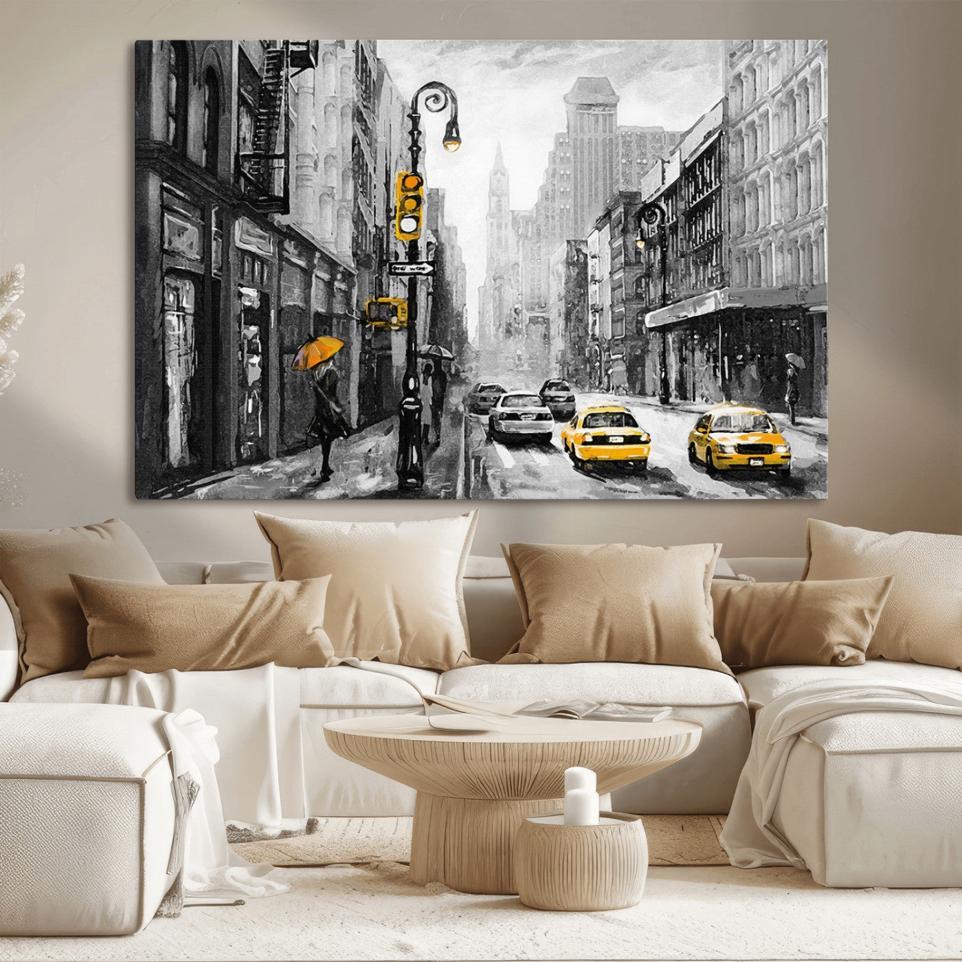 32362-MGV-CV-36X24-NYC Street Wall Art – Black and White Cityscape with Yellow Taxis and Umbrella Canvas Print, Urban Home Decor for Living Room or