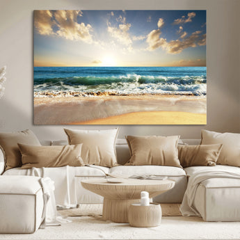 13139-MGV-CV-36X24-Sunrise Beach Wall Art – Ocean Waves and Golden Sand Canvas Print, Coastal Home Decor for Living Room, Bedroom, or Office