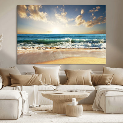 13139-MGV-CV-36X24-Sunrise Beach Wall Art – Ocean Waves and Golden Sand Canvas Print, Coastal Home Decor for Living Room, Bedroom, or Office