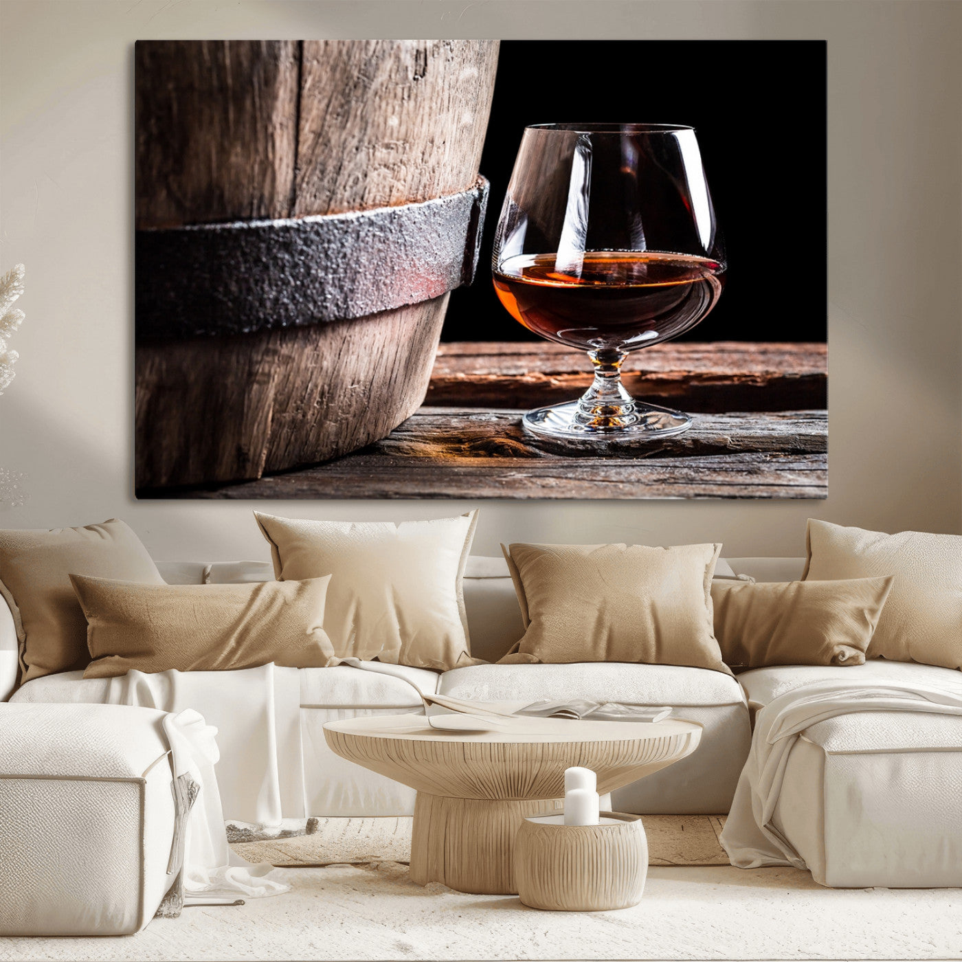 50839-MGV-CV-36X24-Barrel & Brandy Wall Art – Rustic Whiskey Barrel and Brandy Glass Canvas Print, Elegant Home Bar or Lounge Decor for Office, Man